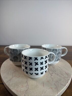 Black and White Patterned Ceramic Coffee Mug - Set of 3
